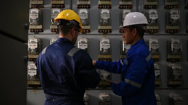 Electrical Engineer Recording Power Usage, Industrial Meter Check, Electrical Maintenance and Short Circuit Troubleshooting, Power Outage Investigation, Safety Inspection for Leakage Prevention