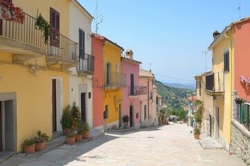 Fototapeta premium A street in a small Italian village lined with brightly painted houses in various shades of yellow, pink, and orange.