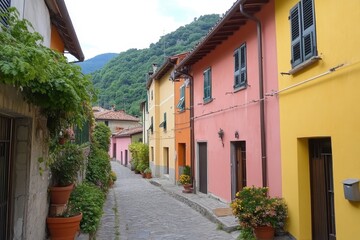 Fototapeta premium A street in a small Italian village lined with brightly painted houses in various shades of yellow, pink, and orange.