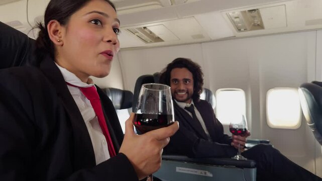 Chief Executives Talking in Aeroplane with Wine