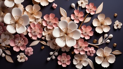 A Delicate Arrangement of Paper Flowers in Pink and White with Golden Accents on a Deep Blue Background