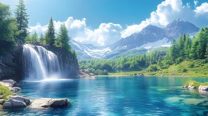 Fototapeta premium Watercolor artwork for Sri Lanka National Day showcasing serene landscapes of waterfalls and mountains along with vibrant festivals celebrating togetherness