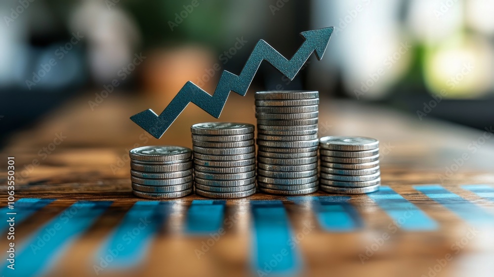Poster a display of stacked coins arranged in varying heights, complemented by an upward arrow indicating f