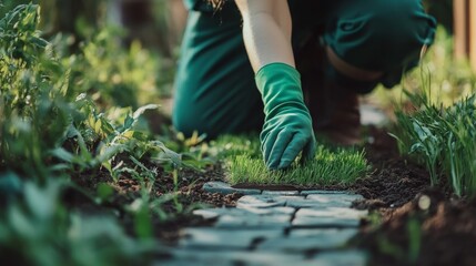 Naklejka premium Gardener planting lush greenery along stone pathway in summer garden
