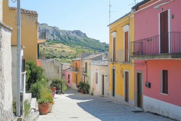 Fototapeta premium A street in a small Italian village lined with brightly painted houses in various shades of yellow, pink, and orange.