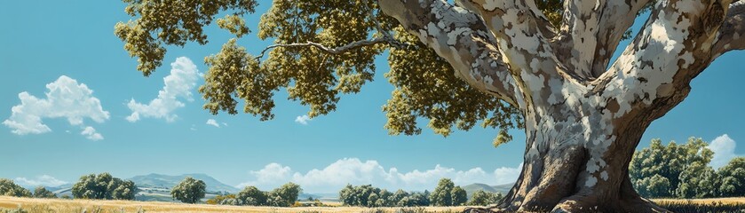 Obraz premium A Tree with a Peeling Bark Looking Out Over a Field and Hills