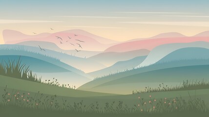 Fototapeta premium A Serene Landscape with Rolling Hills and Birds in Flight at Sunset