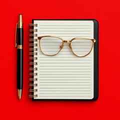 Fototapeta premium A pen, glasses, and a notebook on a vibrant red background.