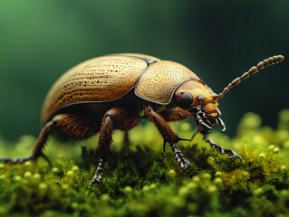 Close-up view of a golden beetle crawling on lush green moss, showcasing intricate details and vibrant colors in nature.
