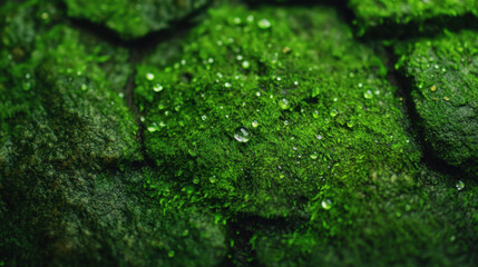 A vibrant close-up of green moss with glistening droplets resting on its textured surface, showcasing the beauty of nature.