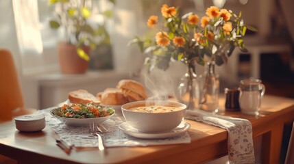 Cozy kitchen breakfast with a steaming bowl of soup, fresh bread, and salads on a sunlit morning table