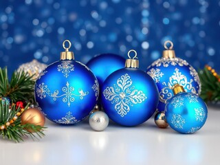 Blue Christmas balls with intricate designs and glittering decorations set against a shiny background, shiny, backdrop