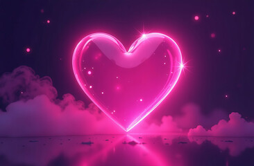 Transparent glass heart in pink neon light and fog, space for text