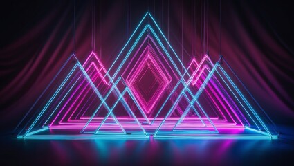 Neon triangles in a layered composition over a dark gradient, emitting cyan, magenta, and violet tones. Created with generative AI technology