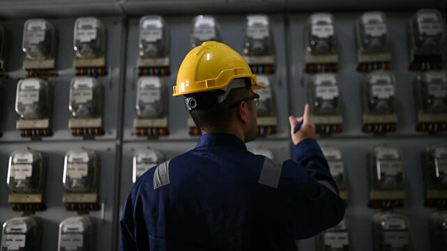 Electrical Engineer Recording Power Usage, Industrial Meter Check, Electrical Maintenance and Short Circuit Troubleshooting, Power Outage Investigation, Safety Inspection for Leakage Prevention