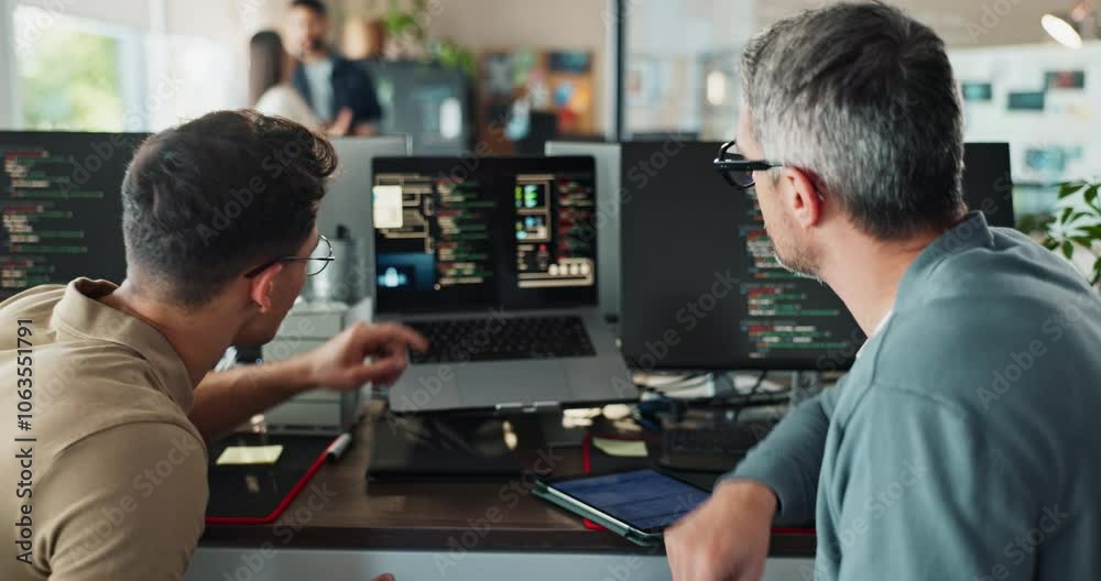Poster Coding, computer screen and pointing with business people in office together from back. Conversation, problem solving and programming with developer team reading machine language in workplace