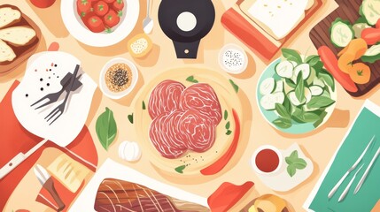 Top-down view of an inviting culinary setup with fresh meat cuts, salad bowl, tomatoes, and various ingredients for meal preparation on a light background