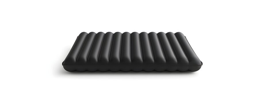 a black inflatable air mattress, ribbed design with smooth surface, high detail, isolated on white background