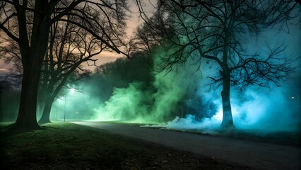 Obraz premium Ground Fog with Green and Blue Smoke Effect, Eerie Fog Effect with Green and Blue Tones 