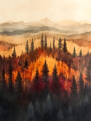A stunning autumn landscape featuring tall evergreen trees against a backdrop of layered mountains, painted in warm tones of orange, red, and gold, evoking a serene mood.