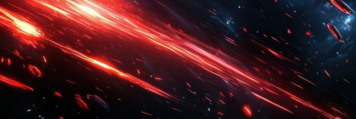 Obraz premium Glowing red lines with energy effects streak across dark cosmic background, creating dynamic and futuristic scene. vibrant energy and motion suggest sense of speed and power