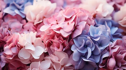 Fototapeta premium A delicate blend of pink and purple hydrangeas, showcasing the intricate details of each petal, creating a soft and romantic floral backdrop.