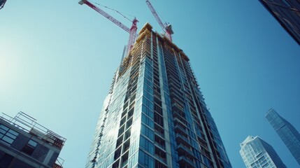 Fototapeta premium Modern high-rise construction with tower cranes against a clear sky