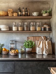 Modern kitchen with zero-waste products, glass jars, reusable bags, and organic produce