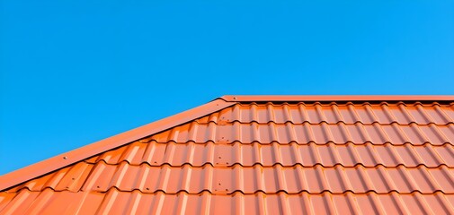 Naklejka premium Aged metal roof with rich rust tones and corrugated texture, bright blue sky overhead, representing rustic beauty and the passage of time