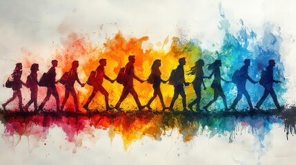 Obraz premium Evolution of Movement: Where Human Steps Paint Rainbow Dreams, Creating a Symphony of Unity Through Watercolor Motion and Humanity's Most Beautiful Dance of Progressive Change