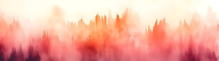 Fototapeta premium A mesmerizing landscape featuring towering mountains shrouded in mist, illuminated by warm hues of orange and pink, creating a dreamy and ethereal atmosphere.