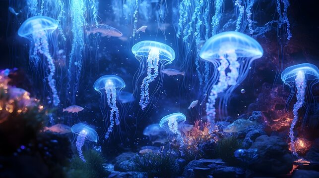 Mesmerizing Holographic Jellyfish and Sharks in a Futuristic Underwater Aquarium - Powered by Adobe