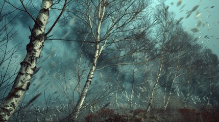 Trees In Wind. Birch Forest in a Stormy Climate