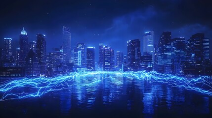Glowing Blue Electric Currents Illuminating Futuristic City Skyline at Night