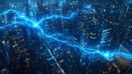 Glowing Blue Electric Currents Illuminate Futuristic City Skyline at Night