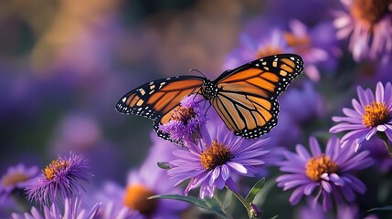 Obraz premium Delightful Monarch Butterfly Feasting on Colorful Purple Aster Blooms