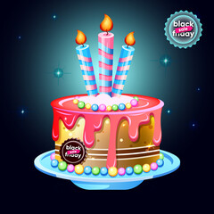 Holiday. Picture with text. Sale. Black Friday. Sweet discounts. Holiday. Cake with candles on a plate. Decorated dessert. Red cream with candies.