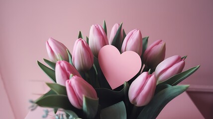 Pink Tulips with a Pink Heart Shaped Card