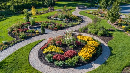 Obraz premium Stunning circular garden design with colorful flowerbeds and stone pathway in lush park