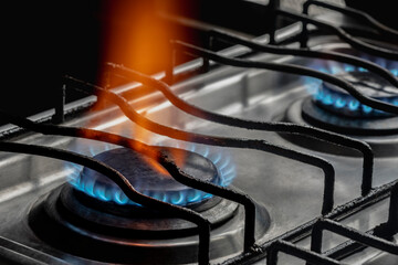 Close-up of blue gas stove burner flame in kitchen