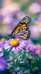 Obraz premium Captivating Monarch Butterfly Feeding on Blossoming Purple Aster Flowers
