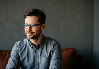 Obraz premium Thoughtful Young Man in Glasses Looking Away