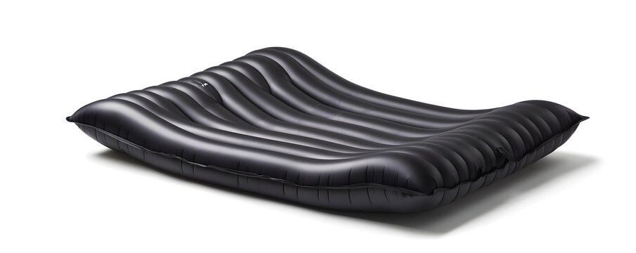 a black inflatable air mattress, ribbed design with smooth surface, high detail, isolated on white background