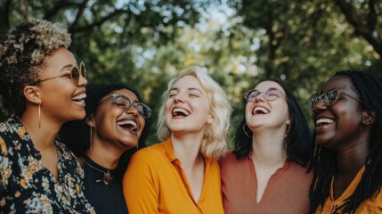 Fototapeta premium Group of people with different ages, ethnicities, and body types laughing together in an urban park