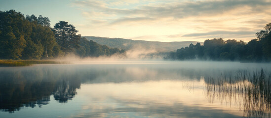 Fototapeta premium Misty Lake at Dawn with Fog and Reflections
