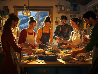 Group of friends from various cultural backgrounds preparing a meal together in a cozy kitchen