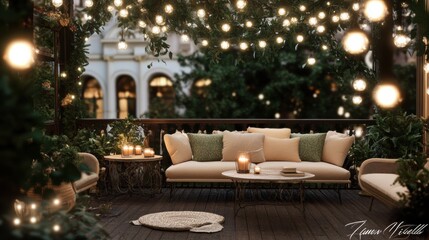 Cozy outdoor patio with string lights and comfortable seating, AI