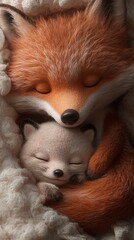 Obraz premium Fox parent and cub snuggled together in cozy embrace, eyes closed in peaceful rest, AI