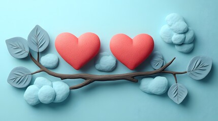 Cartoon 3D style with love birds sitting on a branch with heart-shaped leaves and soft clouds