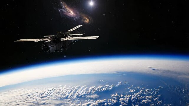 A satellite space station orbiting Earth, showcasing the planet's curvature with its blue atmosphere and cloud layer, set against the dark expanse of space with scattered stars. Perfect for themes rel